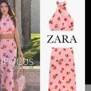 Zara XS skirt and matching top- pink with red flowers